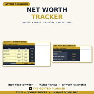 Net Worth Tracker Spreadsheet — Wealth Dashboard, Assets and Liabilities, 12-Month History and Milestones, Excel Google Sheets