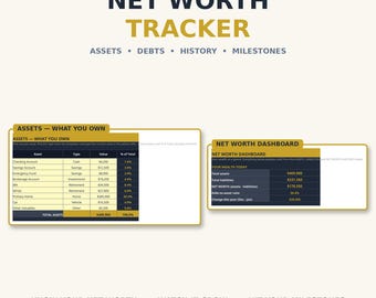 Net Worth Tracker Spreadsheet — Wealth Dashboard, Assets and Liabilities, 12-Month History and Milestones, Excel Google Sheets