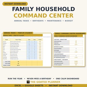 Family Household Command Center Spreadsheet — Annual Tasks, Birthdays, Home Maintenance & Family Budget, Excel and Google Sheets