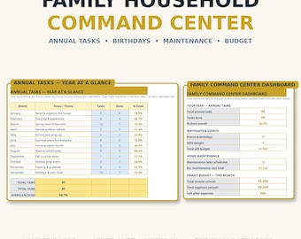 Family Household Command Center Spreadsheet — Annual Tasks, Birthdays, Home Maintenance & Family Budget, Excel and Google Sheets