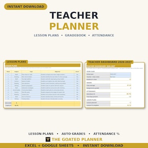 Teacher Planner Spreadsheet 2026-2027 - Lesson Plans, Gradebook & Attendance Tracker for Excel and Google Sheets image 1