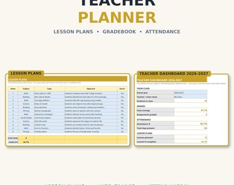 Teacher Planner Spreadsheet 2026-2027 - Lesson Plans, Gradebook & Attendance Tracker for Excel and Google Sheets