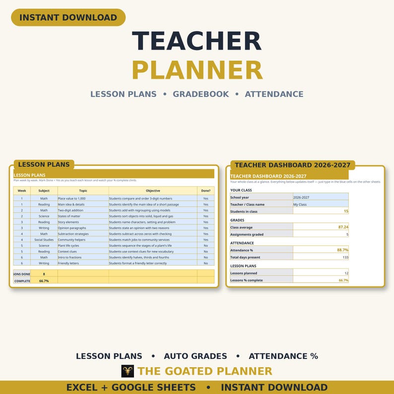 Teacher Planner Spreadsheet 2026-2027 - Lesson Plans, Gradebook & Attendance Tracker for Excel and Google Sheets image 1