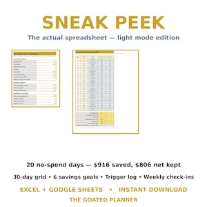 No-Spend Challenge Tracker Spreadsheet — 30-Day Money Reset, Savings Redirect, Trigger Log & Weekly Check-Ins, Excel and Google Sheets image 4