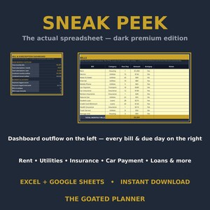 May include: A digital financial spreadsheet template titled SNEAK PEEK The actual spreadsheet &mdash; dark premium edition. It displays a Bill & Subscription Dashboard and a Bills table with columns for category, due day, amount, autopay, and notes.