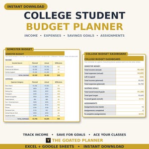 College Student Budget Planner Spreadsheet — Semester Budget, Expense Log, Savings Goals & Assignment Tracker, Excel and Google Sheets image 1