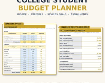 College Student Budget Planner Spreadsheet — Semester Budget, Expense Log, Savings Goals & Assignment Tracker, Excel and Google Sheets