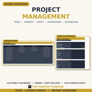 Project Management Spreadsheet — Task Tracker with Kanban Board, Gantt Chart & Eisenhower Matrix for Google Sheets and Excel
