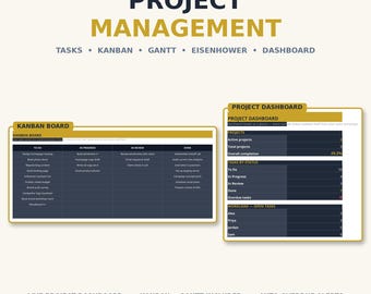 Project Management Spreadsheet — Task Tracker with Kanban Board, Gantt Chart & Eisenhower Matrix for Google Sheets and Excel