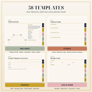 May include: A digital planner set featuring 58 templates across four categories: Wellness, Fitness, Finance, and Life & Home. Each section includes specific layouts like Wheel of Life, Fitness Goals, Yearly Finance Overview, and Recipe Card.