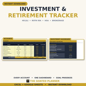 Investment Retirement Tracker Spreadsheet: 401k, Roth IRA, IRA, HSA, Brokerage, Dividends and Goal Progress, Excel and Google Sheets