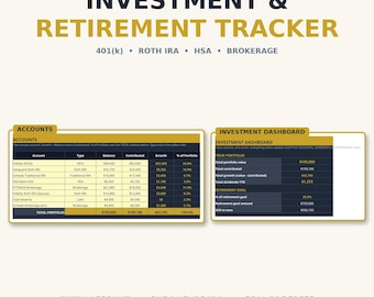 Investment Retirement Tracker Spreadsheet: 401k, Roth IRA, IRA, HSA, Brokerage, Dividends and Goal Progress, Excel and Google Sheets