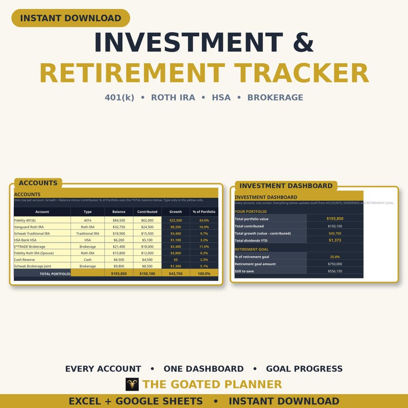 Investment Retirement Tracker Spreadsheet: 401k, Roth IRA, IRA, HSA, Brokerage, Dividends and Goal Progress, Excel and Google Sheets image 1