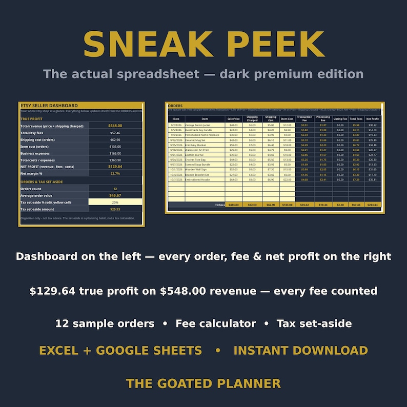 Etsy Seller Profit Tracker Spreadsheet - Bookkeeping Hub, Fee Calculator, Orders, Expenses & Dashboard for Google Sheets image 4