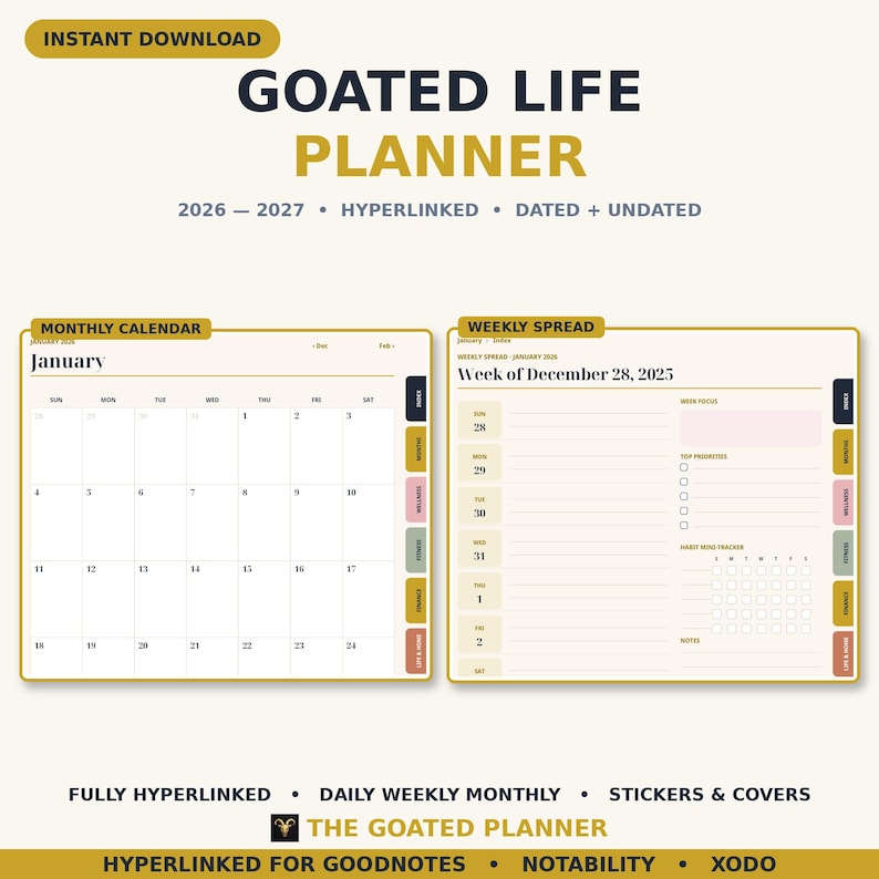 2026 2027 Digital Planner GoodNotes Planner iPad Planner Hyperlinked Life Planner Daily Weekly Monthly Planner with Stickers & Covers image 1