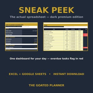 May include: A digital life planner spreadsheet in a dark premium edition. The interface features a dashboard with sections for daily tasks, budget snapshots, and habit tracking, alongside a detailed task list where overdue items are flagged in red.