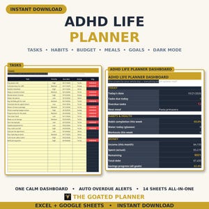 ADHD Life Planner Spreadsheet — Dark Mode All-in-One Planner, Task and Habit Tracker, Budget and Meal Planner for Google Sheets & Excel image 1