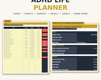 ADHD Life Planner Spreadsheet — Dark Mode All-in-One Planner, Task and Habit Tracker, Budget and Meal Planner for Google Sheets & Excel