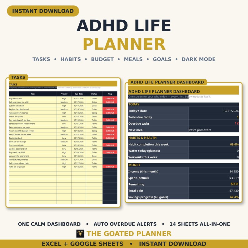 ADHD Life Planner Spreadsheet — Dark Mode All-in-One Planner, Task and Habit Tracker, Budget and Meal Planner for Google Sheets & Excel image 1