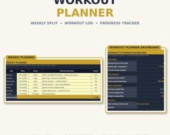 Workout Planner Spreadsheet — Exercise Tracker, Fitness Planner & Gym Log with Weekly Split and Progress Tracker for Google Sheets