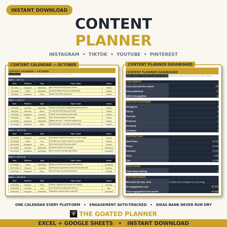 Op de afbeelding: Een digitaal contentplanner-sjabloon voor Excel en Google Sheets genaamd Content Planner. Het bevat een inhoudskalender voor oktober en een dashboard met statistieken voor Instagram, TikTok, YouTube en Pinterest.