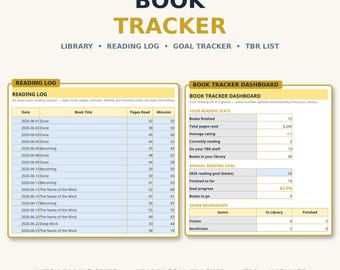 Reading Log & Book Tracker Spreadsheet — Light Mode Reading Tracker with TBR Journal and Book Library List for Excel and Google Sheets