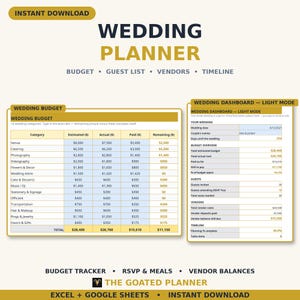 Op de afbeelding: Een digitaal spreadsheet-sjabloon voor een bruiloftsplanner met een budgettabel en een dashboard in de lichte modus. De lay-out bevat secties voor budget, gastenlijst, leveranciers en tijdlijn, met tekstlabels zoals The Goated Planner.