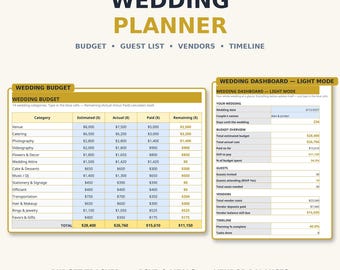 Wedding Planner Spreadsheet Light Mode — Wedding Budget, Guest List RSVP Tracker, Vendor Tracker & Timeline for Excel and Google Sheets