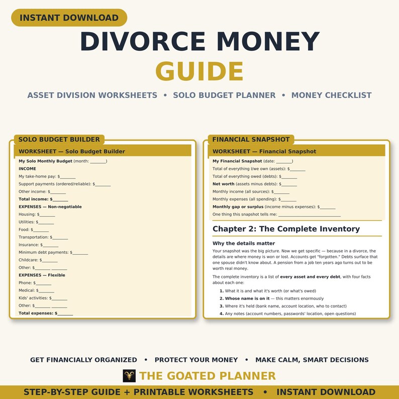 Peut inclure: Un document num&eacute;rique intitul&eacute; Divorce Money Guide comprenant des feuilles de calcul pour la division des actifs, un planificateur budg&eacute;taire solo et un aper&ccedil;u financier. La mise en page inclut des sections pour les revenus et d&eacute;penses.