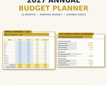 2027 Annual Budget Planner Spreadsheet — Full Year Budget, Monthly Budget, Expense Log & Savings Goals, Excel and Google Sheets