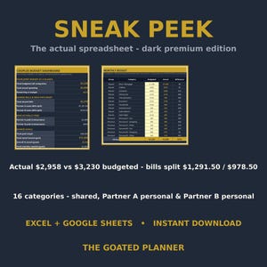 Puede incluir: Una plantilla de hoja de c&aacute;lculo de presupuesto digital titulada SNEAK PEEK The actual spreadsheet - dark premium edition. Muestra un panel de presupuesto para parejas y una tabla de presupuesto mensual con bordes dorados.