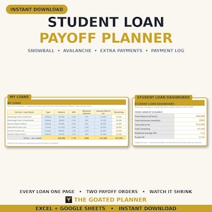 Student Loan Payoff Planner Spreadsheet — Snowball vs Avalanche, Extra Payment Tracker & Payment Log, Excel and Google Sheets