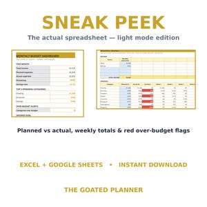 Puede incluir: Una plantilla de hoja de c&aacute;lculo de presupuesto digital con un panel mensual y un rastreador de ingresos y gastos. El texto incluye SNEAK PEEK, The actual spreadsheet &mdash; light mode edition, Planned vs actual, weekly totals & red over-budget flags, EXCEL + GOOGLE SHEETS &bull; INSTANT DOWNLOAD y THE GOATED PLANNER.