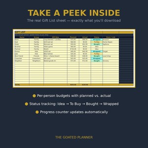 May include: A digital gift list spreadsheet template with columns for name, group, gift idea, planned and actual budget, status, and store link. The table includes rows for family, friends, and neighbors with status tracking and totals.