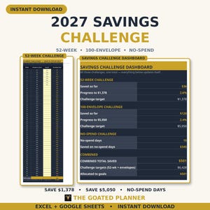 2027 Savings Challenge Tracker Spreadsheet — 52 Week, 100 Envelope & No-Spend Challenge Planner with Dashboard for Google Sheets image 1