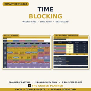 Weekly Time Blocking Planner Spreadsheet — 24 Hour Schedule Tracker with Time Audit & Time Management Dashboard, Excel