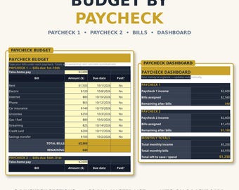 May include: A digital budget planner template titled Budget by Paycheck featuring two paycheck sections, a bill tracker, and an automated dashboard. The layout uses gold and dark blue text on a light background, compatible with Excel and Google Sheets.