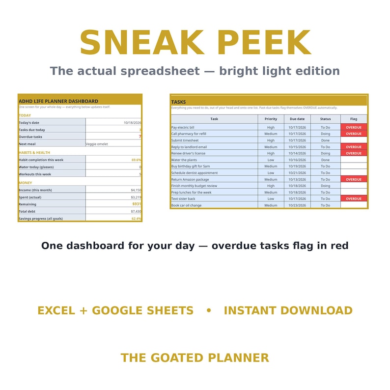 May include: A digital planner dashboard for Excel and Google Sheets titled SNEAK PEEK. It features an ADHD Life Planner Dashboard and a Tasks list with columns for priority, due date, status, and red flags for overdue items. Text includes EXCEL + GOOGLE SHEETS, INSTANT DOWNLOAD, and THE GOATED PLANNER.