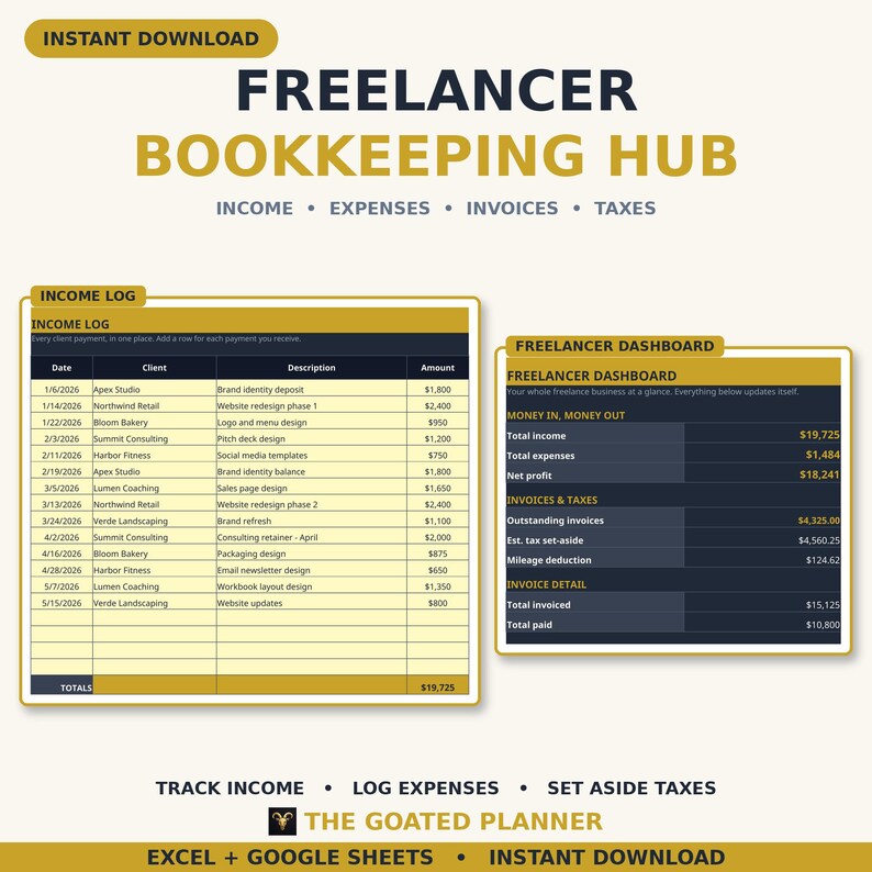 Freelancer Bookkeeping Spreadsheet - Income, Expenses, Invoices, Mileage & Tax Hub for Google Sheets and Excel image 1