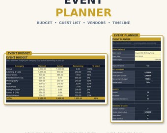 Event Planner Spreadsheet — Party and Event Budget Planner with Guest List, Vendor Tracker and Timeline for Excel & Google Sheets
