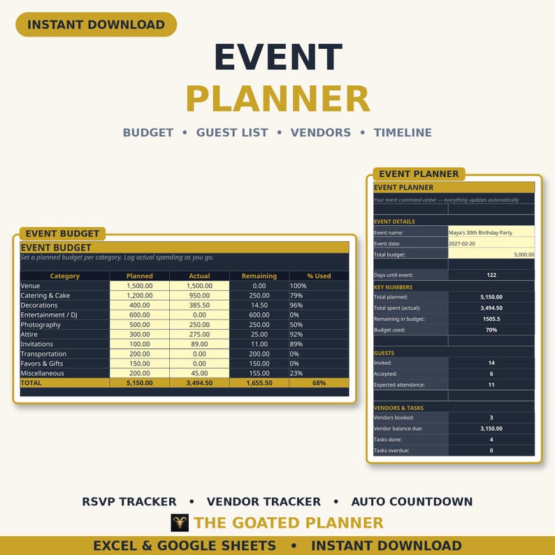 Event Planner Spreadsheet — Party and Event Budget Planner with Guest List, Vendor Tracker and Timeline for Excel & Google Sheets image 1