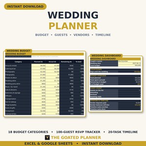 Wedding Budget Spreadsheet — Wedding Planner with Guest List, RSVP Tracker, Vendor Tracker & Timeline for Excel