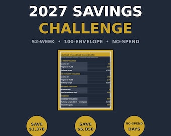 May include: A digital 2027 savings challenge dashboard for Excel and Google Sheets. The graphic features text including 52-week, 100-envelope, and no-spend challenges with target savings of $1,378 and $5,050 displayed in gold circles.