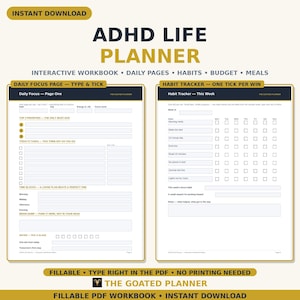 ADHD Life Planner Interactive Workbook, Fillable PDF Planner, Daily Planner, Habit Tracker, Budget, Meal Plan, Type Right in the PDF