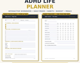 ADHD Life Planner Interactive Workbook, Fillable PDF Planner, Daily Planner, Habit Tracker, Budget, Meal Plan, Type Right in the PDF