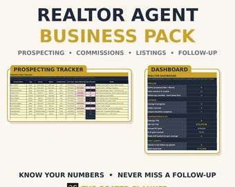 Realtor Agent Business Pack Spreadsheet — Prospecting Tracker, Commission Calculator & Listing Checklist, Real Estate Google Sheets Excel