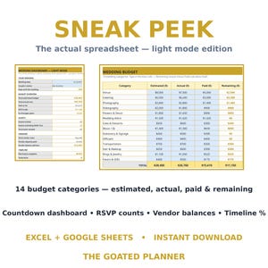May include: A digital wedding budget spreadsheet template in light mode. The image displays a dashboard and a budget table with 14 categories including venue, catering, and photography, featuring columns for estimated, actual, paid, and remaining costs.