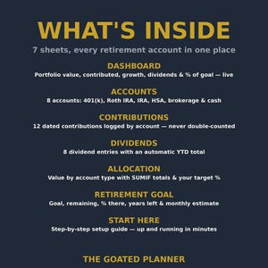 Investment Retirement Tracker Spreadsheet: 401k, Roth IRA, IRA, HSA, Brokerage, Dividends and Goal Progress, Excel and Google Sheets image 2