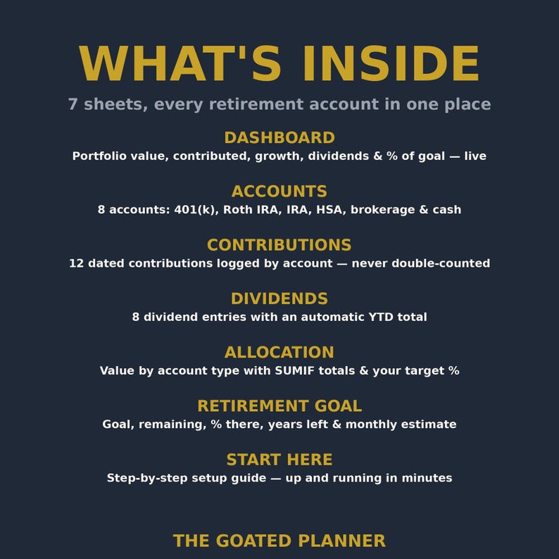 Investment Retirement Tracker Spreadsheet: 401k, Roth IRA, IRA, HSA, Brokerage, Dividends and Goal Progress, Excel and Google Sheets image 2