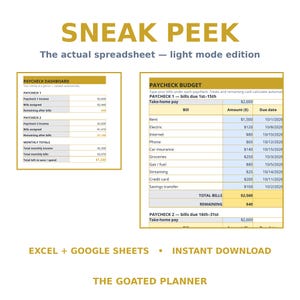 May include: A digital spreadsheet template titled SNEAK PEEK The actual spreadsheet &mdash; light mode edition. It displays a Paycheck Dashboard and a Paycheck Budget with columns for bills, amounts in dollars, and due dates for the year 2026.